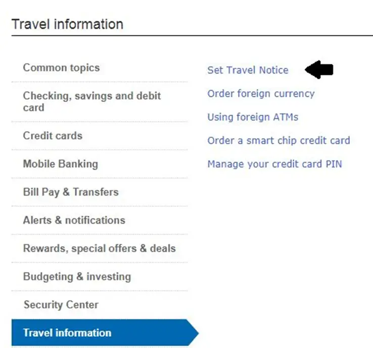 travel notice bank of america